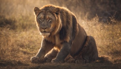 solo,looking at viewer,closed mouth,full body,outdoors,blurry,no humans,depth of field,blurry background,animal,grass,all fours,nature,realistic,animal focus,lion,signature,sepia