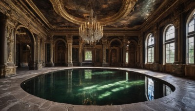 day,indoors,water,no humans,window,sunlight,scenery,reflection,light rays,stairs,fantasy,door,candle,architecture,ruins,pillar,hallway,church,arch,candlestand,reflective floor,chandelier,column,vanishing point,table,wooden floor,ceiling