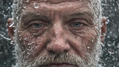 solo,looking at viewer,blue eyes,1boy,closed mouth,male focus,water,blurry,facial hair,portrait,beard,close-up,bubble,water drop,realistic,mustache,bald,old,splashing,old man,hat,green eyes,white hair,grey hair,grey eyes,depth of field,scar,wrinkled skin