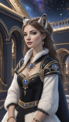 1girl,solo,long hair,breasts,looking at viewer,brown hair,dress,animal ears,cleavage,brown eyes,jewelry,medium breasts,braid,earrings,outdoors,parted lips,sky,cat ears,necklace,cape,mole,black dress,bracelet,lips,fur trim,makeup,night,gem,star (sky),night sky,pendant,starry sky,gold trim,fantasy,red lips,upper body,artist name,nail polish,ring,freckles,realistic,nose