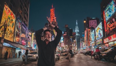 open mouth,shirt,black hair,1boy,male focus,outdoors,multiple boys,sky,solo focus,arms up,black shirt,night,facial hair,ground vehicle,building,night sky,scenery,motor vehicle,6+boys,city,realistic,car,road,cityscape,motorcycle,police,lamppost,street,crowd,cyberpunk,neon lights,hat,jewelry,bracelet,beard,watch,sign,wristwatch,skyscraper,people,real world location