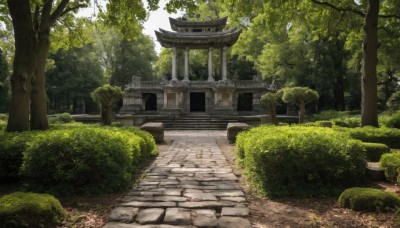 outdoors,day,tree,no humans,sunlight,grass,plant,nature,scenery,forest,stairs,road,bush,torii,architecture,east asian architecture,shrine,path,pavement,stone lantern,building,rope,rock,shimenawa,stone