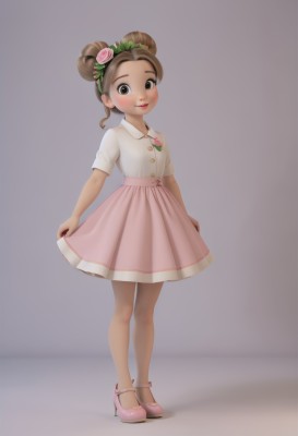 1girl,solo,looking at viewer,blush,smile,short hair,skirt,simple background,brown hair,shirt,hair ornament,dress,brown eyes,closed mouth,standing,full body,white shirt,flower,short sleeves,hairband,shoes,hair flower,dark skin,grey background,hair bun,high heels,flat chest,dark-skinned female,double bun,rose,child,pink skirt,pink footwear,female child,white background,lips,makeup,buttons,mary janes,pink flower,white pantyhose,skirt hold,pink rose