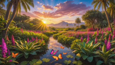 flower, outdoors, sky, cloud, water, tree, no humans, sunlight, cloudy sky, bug, plant, butterfly, nature, scenery, sunset, mountain, palm tree, purple flower, sun