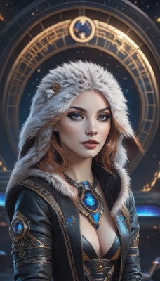 1girl,solo,long hair,breasts,looking at viewer,blue eyes,brown hair,long sleeves,cleavage,jewelry,medium breasts,jacket,upper body,multicolored hair,parted lips,open clothes,teeth,artist name,signature,hood,necklace,orange hair,open jacket,lips,coat,grey eyes,fur trim,eyelashes,makeup,watermark,lipstick,gem,pendant,eyeshadow,realistic,nose,red lips,eyeliner,leather,mascara,parka,hair ornament,underwear,white hair,bra,feathers,freckles