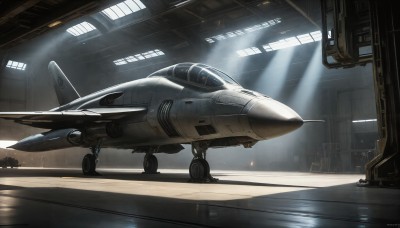 HQ,indoors,signature,military,no humans,window,sunlight,flying,science fiction,light rays,realistic,aircraft,military vehicle,airplane,sunbeam,vehicle focus,spacecraft,lights,jet,fighter jet,pilot,cockpit