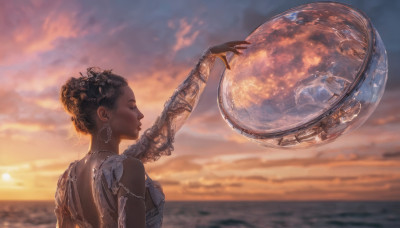 1girl, solo, brown hair, dress, jewelry, closed eyes, upper body, earrings, sky, cloud, dark skin, necklace, hair bun, blurry, arm up, dark-skinned female, profile, single hair bun, cloudy sky, sunset, orb