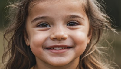 1girl,solo,long hair,looking at viewer,smile,open mouth,blue eyes,blonde hair,brown hair,1boy,brown eyes,male focus,teeth,grin,blurry,black eyes,lips,blurry background,messy hair,portrait,close-up,realistic,nose,parted lips,eyelashes,parody