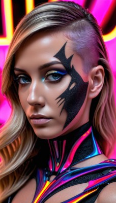 1girl,solo,long hair,looking at viewer,blue eyes,blonde hair,multicolored hair,two-tone hair,lips,eyelashes,bodysuit,makeup,portrait,forehead,eyeshadow,realistic,nose,eyeliner,mascara,cyberpunk,closed mouth,close-up