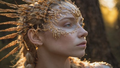 1girl,solo,long hair,blue eyes,blonde hair,hair ornament,jewelry,closed mouth,braid,earrings,blurry,lips,eyelashes,single braid,depth of field,blurry background,looking away,gem,portrait,freckles,circlet,realistic,nose,looking afar,gold,artist name,from side,profile