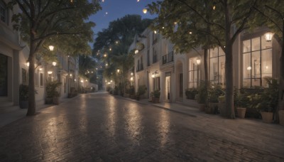 outdoors,sky,tree,no humans,window,night,shadow,plant,building,star (sky),night sky,scenery,starry sky,lantern,door,potted plant,light,road,lamp,bush,lamppost,street,water,reflection,house,town,pavement