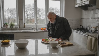 solo,short hair,long sleeves,1boy,sitting,closed mouth,jacket,white hair,grey hair,male focus,food,indoors,tree,coat,black jacket,window,facial hair,scar,chair,table,knife,plant,beard,scar on face,snow,plate,bowl,old,old man,bare tree,kitchen,photo background,sink,cutting board,holding,artist name,fruit,looking down,scenery,reflection,realistic,spoon,carrot,leather jacket,tomato,russian text,counter,stove