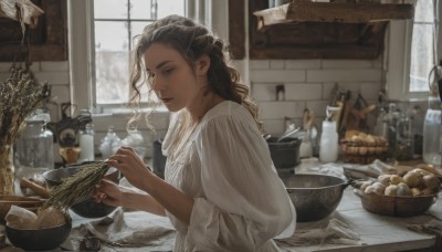 1girl,solo,long hair,brown hair,black hair,long sleeves,dress,holding,brown eyes,closed mouth,upper body,food,day,indoors,dark skin,white dress,blurry,from side,dark-skinned female,lips,window,wavy hair,table,bottle,plant,bowl,realistic,spoon,basket,potted plant,bread,egg,cooking,kitchen,jar,sleeves past elbows,cutting board,looking at viewer,braid,apron,cup,fruit,knife,kitchen knife,onion