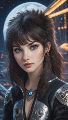 1girl,solo,long hair,breasts,looking at viewer,bangs,brown hair,black hair,hair ornament,jewelry,green eyes,upper body,earrings,parted lips,sky,artist name,necklace,blurry,lips,eyelashes,makeup,night,blurry background,moon,gem,portrait,night sky,full moon,freckles,realistic,nose,animal ears,outdoors,rabbit ears,viera