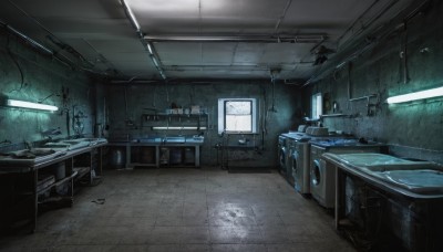 indoors,no humans,chair,table,scenery,science fiction,tiles,light,lamp,cable,computer,monitor,ceiling,sink,ceiling light,window,tile floor,industrial pipe