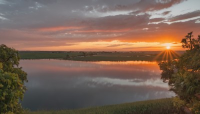 outdoors,sky,cloud,water,tree,no humans,ocean,sunlight,cloudy sky,grass,plant,nature,scenery,reflection,sunset,sun,horizon,landscape,orange sky,leaf,forest,light rays,mountain,evening,mountainous horizon,lake,red sky