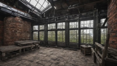 day,indoors,tree,dutch angle,no humans,window,chair,table,sunlight,scenery,wooden floor,stairs,door,bench,wall,ruins,brick wall,desk,tiles,tile floor,ceiling,ceiling light,stone wall,brick,brick floor