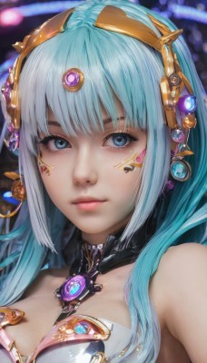 1girl,solo,long hair,breasts,looking at viewer,bangs,blue eyes,hair ornament,cleavage,bare shoulders,jewelry,medium breasts,closed mouth,blue hair,upper body,choker,blunt bangs,blurry,lips,eyelashes,aqua hair,blurry background,headgear,gem,portrait,realistic,nose,earrings,close-up