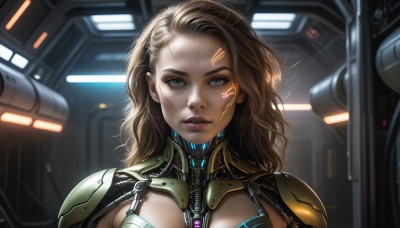 HQ,1girl,solo,long hair,breasts,looking at viewer,blue eyes,blonde hair,brown hair,upper body,parted lips,indoors,medium hair,armor,lips,tattoo,makeup,scar,facial mark,lipstick,portrait,forehead,science fiction,realistic,nose,cyborg,aqua eyes,bodysuit,wavy hair,expressionless,messy hair,close-up,machinery,cable,dirty,cyberpunk