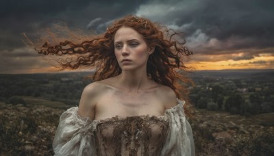 1girl,solo,long hair,breasts,brown hair,dress,bare shoulders,brown eyes,collarbone,upper body,outdoors,sky,cloud,lips,ocean,cloudy sky,wind,corset,freckles,curly hair,realistic,fantasy,parted lips,floating hair