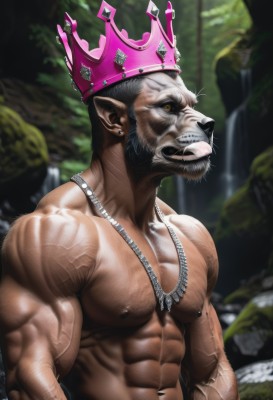 solo,looking at viewer,short hair,black hair,1boy,navel,jewelry,nipples,yellow eyes,upper body,grey hair,male focus,earrings,outdoors,teeth,pointy ears,water,necklace,stomach,blurry,muscular,blurry background,facial hair,fangs,scar,piercing,abs,thick eyebrows,crown,pectorals,muscular male,nature,bara,beard,large pectorals,veins,topless male,mature male,realistic,mustache,manly,chest hair,biceps,navel hair,waterfall,tusks,veiny arms,furry male