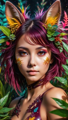 1girl,solo,breasts,looking at viewer,short hair,bangs,hair ornament,animal ears,cleavage,bare shoulders,brown eyes,medium breasts,closed mouth,upper body,pink hair,purple hair,flower,multicolored hair,choker,artist name,hair flower,blurry,lips,orange eyes,fox ears,eyelashes,gradient hair,makeup,leaf,watermark,facial mark,plant,lipstick,portrait,web address,eyeshadow,freckles,pink lips,realistic,nose,eyeliner,mascara,brown hair,tattoo,fish,underwater,coral