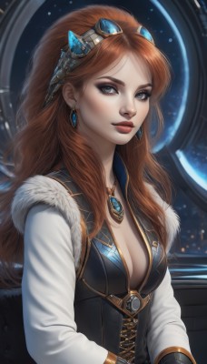 1girl,solo,long hair,breasts,looking at viewer,blue eyes,brown hair,hair ornament,gloves,long sleeves,cleavage,jewelry,medium breasts,sitting,upper body,earrings,black gloves,indoors,necklace,orange hair,mole,vest,lips,grey eyes,fur trim,window,makeup,lipstick,gem,corset,pendant,eyeshadow,freckles,realistic,nose,red lips,bangs,shirt,closed mouth,red hair,artist name,parted bangs,eyelashes,wavy hair,goggles,goggles on head,mascara