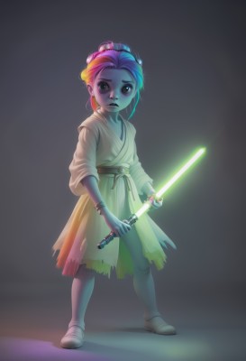 1girl,solo,looking at viewer,holding,jewelry,standing,full body,ponytail,weapon,pink hair,multicolored hair,earrings,boots,pants,sword,holding weapon,bracelet,torn clothes,cosplay,makeup,glowing,colored skin,holding sword,child,robe,blue skin,female child,green skin,glowing weapon,energy sword,lightsaber,skirt,brown eyes,green eyes,blue hair,two-tone hair,heterochromia,watermark,parody,aged down,web address,animification