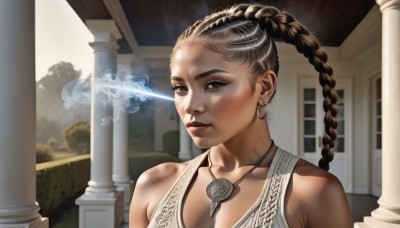 1girl,solo,long hair,breasts,looking at viewer,brown hair,dress,cleavage,bare shoulders,brown eyes,jewelry,collarbone,upper body,braid,earrings,parted lips,dark skin,necklace,dark-skinned female,lips,smoke,realistic,nose,dirty,pillar,very dark skin,column,multiple braids,black hair,medium breasts,makeup,glowing,piercing,portrait,forehead,hoop earrings