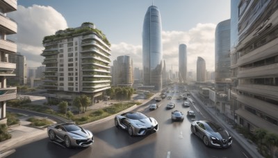 outdoors,sky,day,cloud,tree,blue sky,no humans,cloudy sky,ground vehicle,building,scenery,motor vehicle,city,car,road,cityscape,ruins,vehicle focus,street,skyscraper,crosswalk,reflection,sports car,real world location