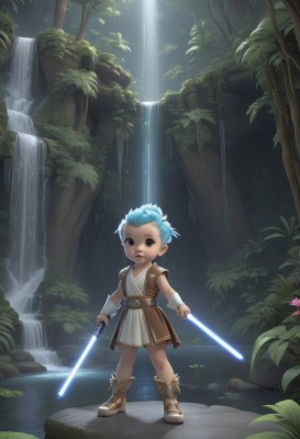 solo,looking at viewer,short hair,1boy,holding,brown eyes,blue hair,standing,full body,weapon,flower,male focus,boots,outdoors,sword,water,holding weapon,tree,brown footwear,aged down,plant,wristband,child,nature,forest,science fiction,dual wielding,fantasy,male child,waterfall,energy sword,tunic,lightsaber,1girl,lips,rock,realistic,animification,mohawk,pond