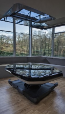 outdoors,sky,day,cloud,indoors,tree,blue sky,no humans,window,shadow,table,nature,scenery,snow,forest,reflection,wooden floor,bare tree,signature,cloudy sky,rain,mountain,realistic,winter,vehicle focus,still life