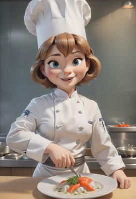 1girl,solo,breasts,looking at viewer,blush,smile,short hair,open mouth,bangs,blue eyes,blonde hair,brown hair,long sleeves,hat,holding,upper body,food,teeth,indoors,buttons,white headwear,knife,plate,freckles,fork,double-breasted,holding knife,chef hat,chef,steak,bowl,cooking,kitchen