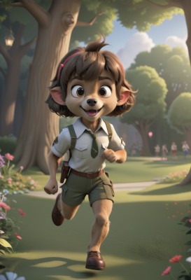 solo,looking at viewer,smile,short hair,open mouth,brown hair,shirt,1boy,animal ears,brown eyes,school uniform,full body,white shirt,flower,short sleeves,male focus,hairband,outdoors,necktie,sky,shoes,shorts,teeth,solo focus,day,collared shirt,belt,artist name,cloud,bag,blurry,tree,blurry background,fangs,brown footwear,thick eyebrows,backpack,grass,child,furry,walking,pocket,running,furry female,female child,road,bush,furry male,male child,lamppost,green shorts,brown fur,brown bag,:d,multiple boys,tongue,pointy ears,blue sky,happy,nature,clenched hands,forest,freckles,brown belt,animal nose,buck teeth,people