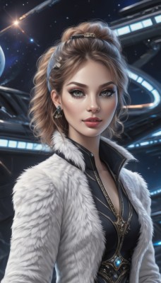 1girl,solo,breasts,looking at viewer,smile,brown hair,cleavage,brown eyes,jewelry,medium breasts,jacket,upper body,ponytail,hairband,earrings,open clothes,necklace,lips,coat,grey eyes,fur trim,makeup,lipstick,star (sky),eyeshadow,science fiction,realistic,white coat,red lips,space,spacecraft,long sleeves,dress,artist name,signature,medium hair,black dress,eyelashes,wavy hair,pendant,backlighting,freckles,glint,nose,eyeliner,mascara