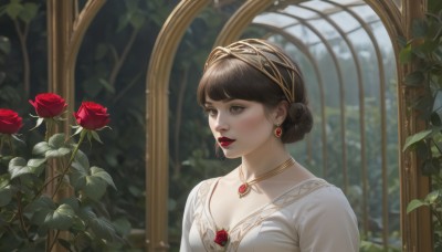 1girl,solo,breasts,short hair,bangs,brown hair,black hair,dress,cleavage,brown eyes,jewelry,collarbone,upper body,flower,hairband,earrings,indoors,necklace,hair bun,white dress,blurry,lips,window,makeup,rose,leaf,looking away,single hair bun,plant,lipstick,red flower,gem,red rose,red lips,medium breasts,closed mouth,parted lips,looking to the side,blurry background,portrait,pendant,mirror,realistic,red gemstone,green gemstone