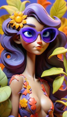 1girl,solo,long hair,breasts,blue eyes,hair ornament,dress,cleavage,bare shoulders,medium breasts,collarbone,swimsuit,upper body,purple hair,flower,day,hair flower,lips,eyelashes,makeup,leaf,floral print,sunglasses,lipstick,eyeshadow,curly hair,sunflower,tinted eyewear,purple-tinted eyewear,looking at viewer,smile,blue hair,small breasts,artist name,blurry,watermark,blue background,wavy hair,thick eyebrows,plant,web address,purple lips