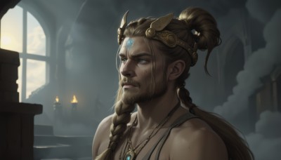 solo,long hair,blue eyes,blonde hair,brown hair,1boy,bare shoulders,jewelry,collarbone,upper body,ponytail,braid,male focus,indoors,necklace,blurry,window,single braid,muscular,blurry background,facial hair,tank top,gem,portrait,beard,mature male,headpiece,hair tie,candle,closed mouth,lips,freckles,realistic,forehead jewel