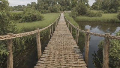 outdoors,sky,day,cloud,water,tree,no humans,grass,plant,nature,scenery,forest,stairs,fence,railing,bush,bridge,river,landscape,blue sky,reflection,mountain