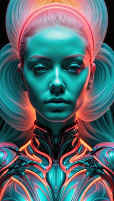 1girl,solo,long hair,breasts,looking at viewer,blue eyes,simple background,closed mouth,upper body,hairband,armor,lips,bodysuit,colored skin,portrait,science fiction,realistic,nose,alien,power armor,power suit (metroid),white hair,eyelashes,glowing,black background,shiny clothes,neon trim,glowing hair