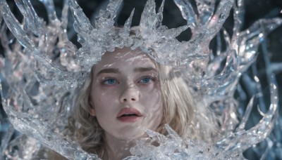 1girl,solo,long hair,looking at viewer,open mouth,blue eyes,blonde hair,parted lips,teeth,blurry,lips,depth of field,blurry background,crown,portrait,freckles,realistic,red lips,upper teeth only,looking up,ice,crystal,nose