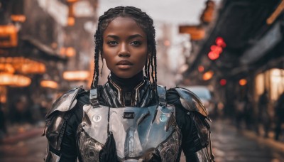 1girl,solo,looking at viewer,black hair,brown eyes,upper body,braid,outdoors,parted lips,dark skin,armor,blurry,black eyes,dark-skinned female,lips,bodysuit,blurry background,shoulder armor,science fiction,breastplate,realistic,very dark skin,dreadlocks,long hair,nose,power armor