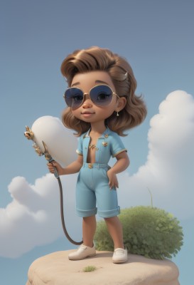 1girl,solo,long hair,looking at viewer,smile,brown hair,shirt,holding,jewelry,standing,full body,short sleeves,earrings,outdoors,open clothes,sky,shoes,glasses,day,artist name,cloud,dark skin,black eyes,flat chest,dark-skinned female,blue sky,lips,hand on hip,sunglasses,white footwear,child,female child,overalls,jumpsuit,hair ornament,brown eyes,parted lips,shorts,hairclip,chibi,open shirt,grass,blue shirt,denim,round eyewear,tinted eyewear,white-framed eyewear,overall shorts,blue-tinted eyewear