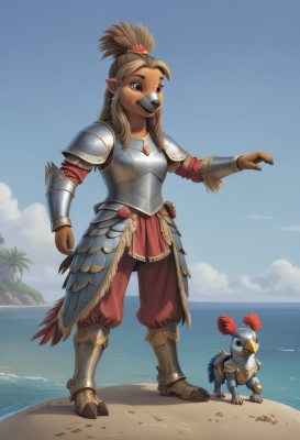 1girl,solo,long hair,smile,brown hair,brown eyes,jewelry,standing,full body,ponytail,sidelocks,boots,outdoors,sky,day,pointy ears,pants,cloud,water,necklace,armor,black eyes,tree,blue sky,bird,ocean,animal,beach,feathers,shoulder armor,gauntlets,furry,pauldrons,breastplate,sand,palm tree,furry female,horizon,vambraces,greaves,faulds,topknot,beak,plate armor,braid,helmet,1other,short ponytail,armored boots,full armor,chainmail