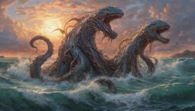 open mouth,tail,outdoors,wings,sky,teeth,cloud,water,no humans,bird,ocean,animal,cloudy sky,sharp teeth,scenery,flying,sunset,monster,dragon,sun,giant,waves,kaijuu,fangs,scales