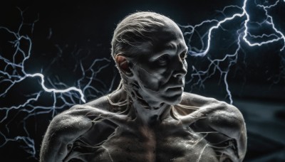 solo,short hair,1boy,closed mouth,upper body,male focus,muscular,muscular male,portrait,veins,realistic,electricity,manly,lightning,collarbone,closed eyes,white hair,nude,facial hair,topless male,old,old man,wrinkled skin