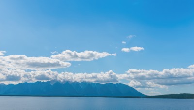 monochrome,outdoors,sky,day,cloud,water,blue sky,no humans,bird,cloudy sky,building,nature,scenery,reflection,blue theme,mountain,horizon,landscape,mountainous horizon,hill