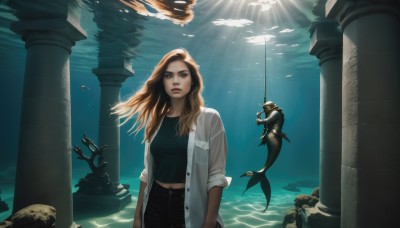 1girl,solo,long hair,looking at viewer,blue eyes,blonde hair,brown hair,shirt,brown eyes,weapon,open clothes,pants,sword,water,lips,ocean,sunlight,denim,polearm,sleeves rolled up,fish,bubble,light rays,underwater,unbuttoned,air bubble,sunbeam,ruins,pillar,statue,swimming,turtle,caustics,column,navel,solo focus,midriff,looking up,monster girl,jeans,rock,realistic,mermaid,monster boy,aquarium