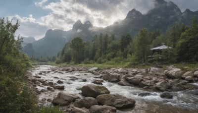 outdoors,sky,day,cloud,water,tree,blue sky,no humans,cloudy sky,grass,nature,scenery,forest,rock,mountain,river,waterfall,landscape,mountainous horizon,stream