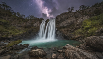 outdoors, sky, water, tree, no humans, night, star (sky), nature, night sky, scenery, forest, starry sky, rock, river, waterfall, shooting star, cliff